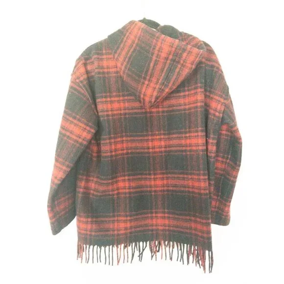 The Kooples Buffalo Plaid Red Wool Sweater Coat Fringe  SZ M - Picture 13 of 13